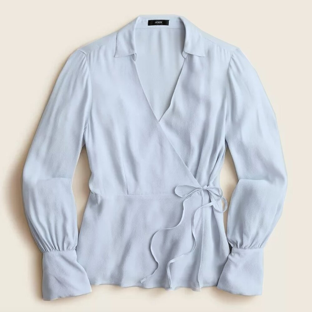 J Crew Drapey Crepe Faux Wrap Top 14 Collar Long Sleeve Blouse Light Pale Blue